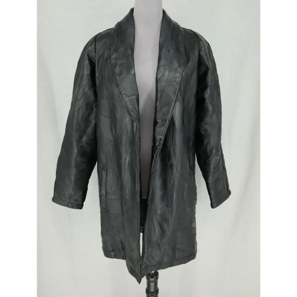 Navarre Leather Coat Jacket Womens Medium Black Lined Patchwork Look Outdoor